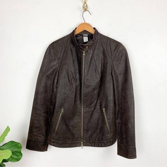 Jackets & Blazers - Genuine Leather Brown Moto Style Zip Up Mock Neck Jacket Sz M